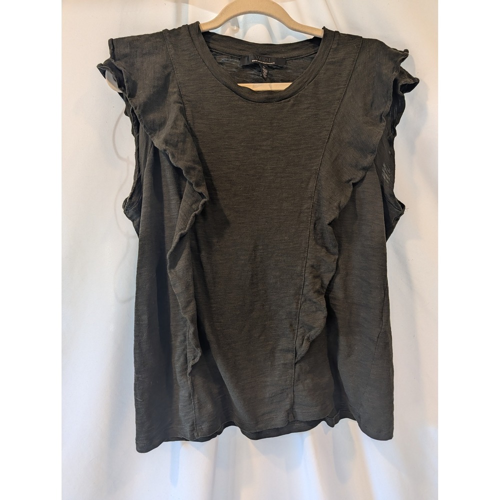 White House Black Market Ruffle Sleeveless Top Dark Olive Green Cotton Modal L